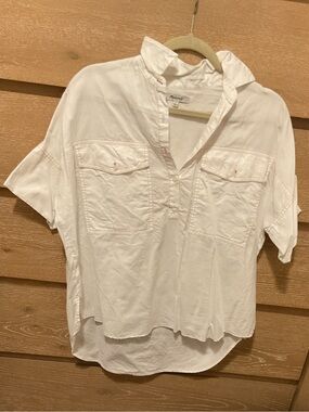 Madewell White Short Sleeve Popover Shirt with Contrast Stitching Small